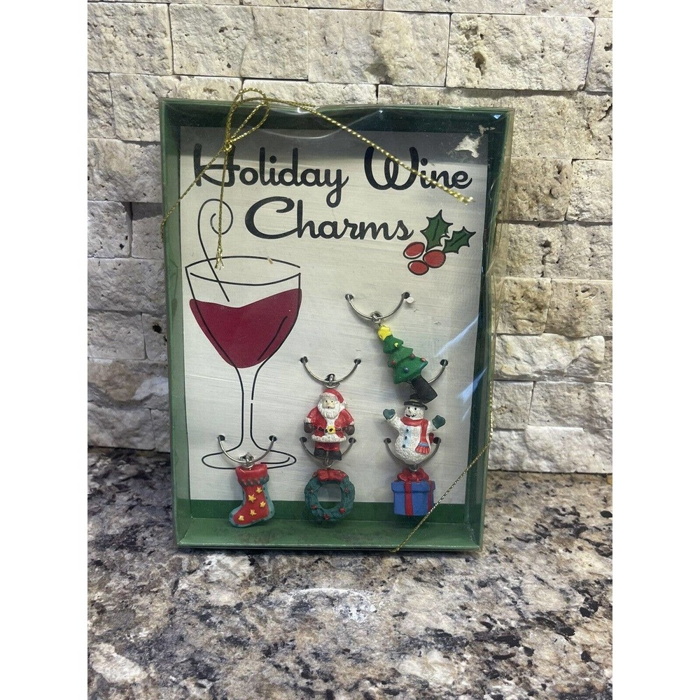 Boxed Set‎ of 6 Christmas Holiday Santa Snowman Tree Wreath Glass Wine Charms